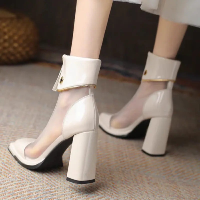 Sexy Black Mesh High Heels Ankle Boots Women 2023 Autumn Front Zipper Patent Leather Boots Woman Square Toe Thick Heeled Pumps