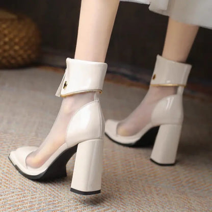 Sexy Black Mesh High Heels Ankle Boots Women 2023 Autumn Front Zipper Patent Leather Boots Woman Square Toe Thick Heeled Pumps