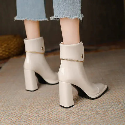 Sexy Black Mesh High Heels Ankle Boots Women 2023 Autumn Front Zipper Patent Leather Boots Woman Square Toe Thick Heeled Pumps