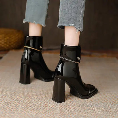 Sexy Black Mesh High Heels Ankle Boots Women 2023 Autumn Front Zipper Patent Leather Boots Woman Square Toe Thick Heeled Pumps