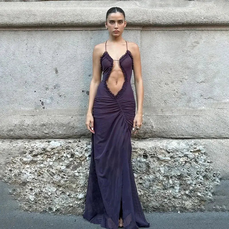 VINTAGE HALTER SEXY BACKLESS DRESS